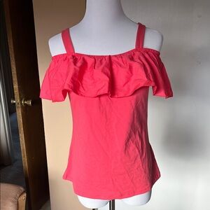 INC International Concepts Ruffled Off-Shoulder Top in coral Pink